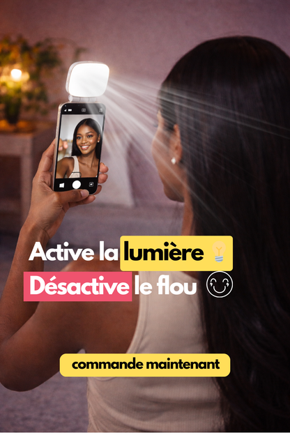 Lampe selfie LED magnétique avec rotation 360°, lumière douce et fixation stable. Idéale pour selfies, vidéos, TikTok et appels vidéo.