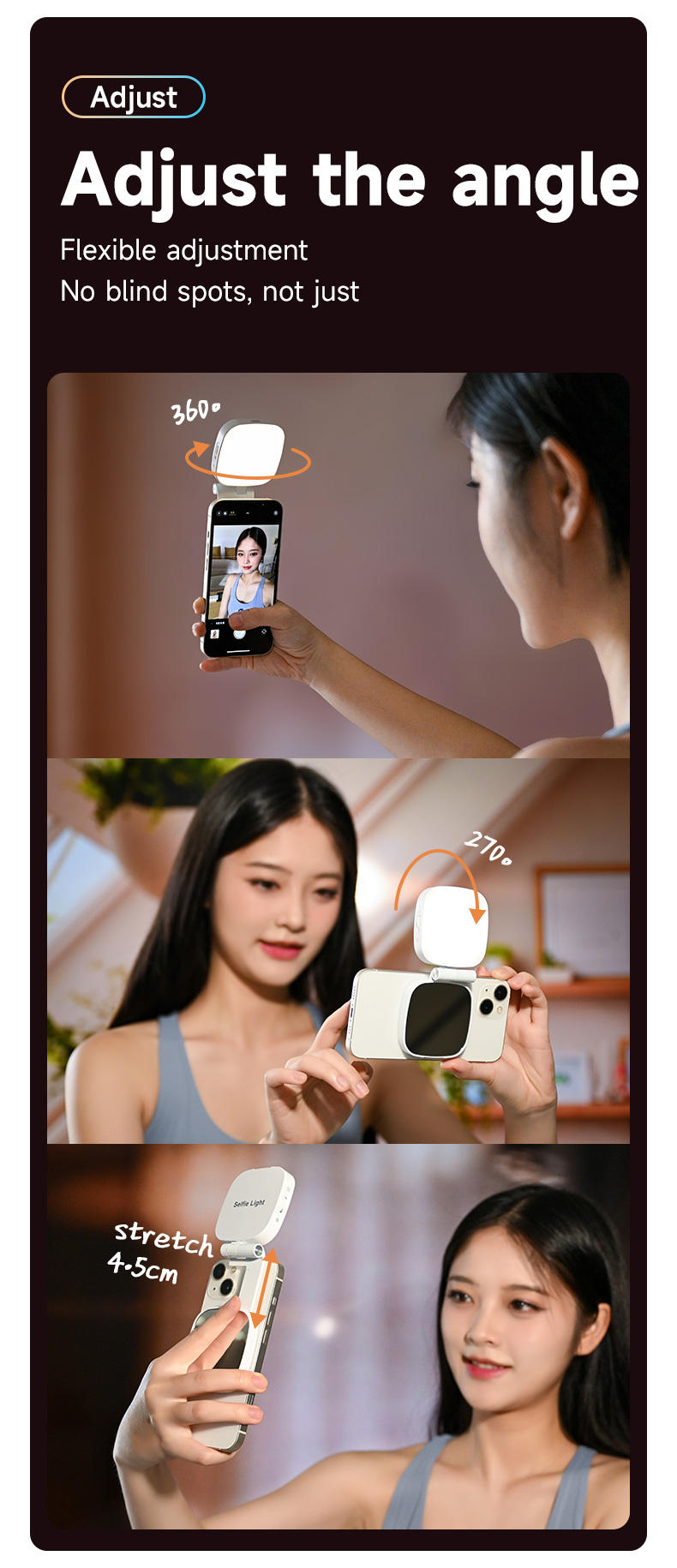 Lampe selfie LED magnétique avec rotation 360°, lumière douce et fixation stable. Idéale pour selfies, vidéos, TikTok et appels vidéo.