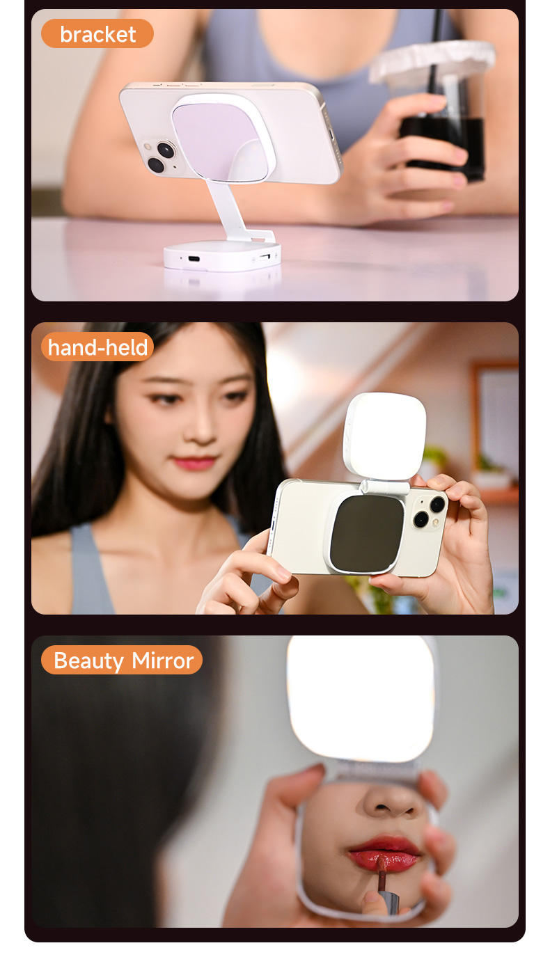 Lampe selfie LED magnétique avec rotation 360°, lumière douce et fixation stable. Idéale pour selfies, vidéos, TikTok et appels vidéo.